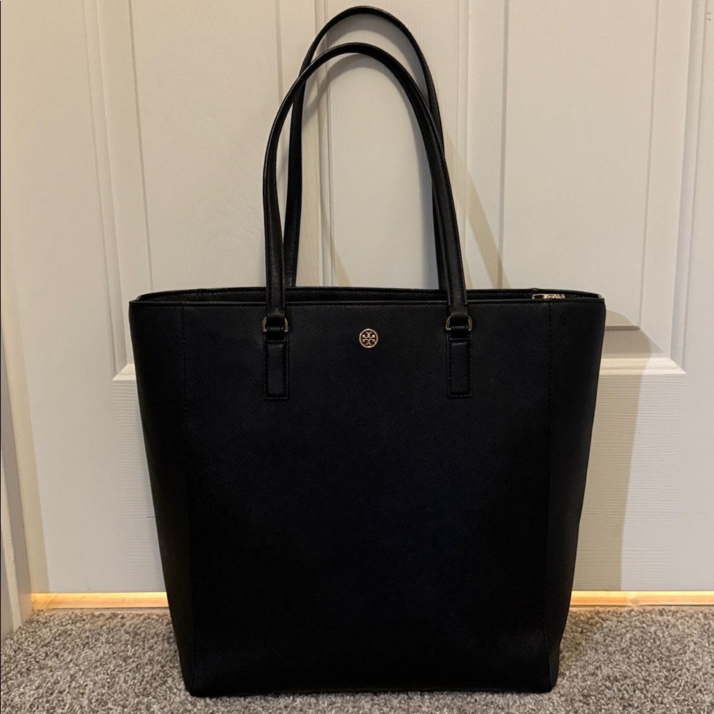 Tory Burch Robinson North South Black Leather Tote Bag (Dust Bag Included)